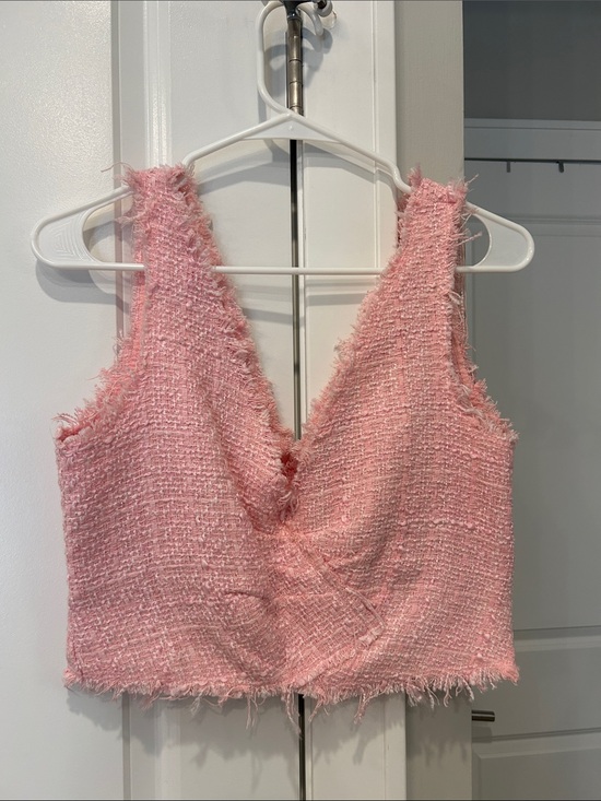 Zara Tops - Zara Pink Frayed Tweed V-Neck Crop Tank